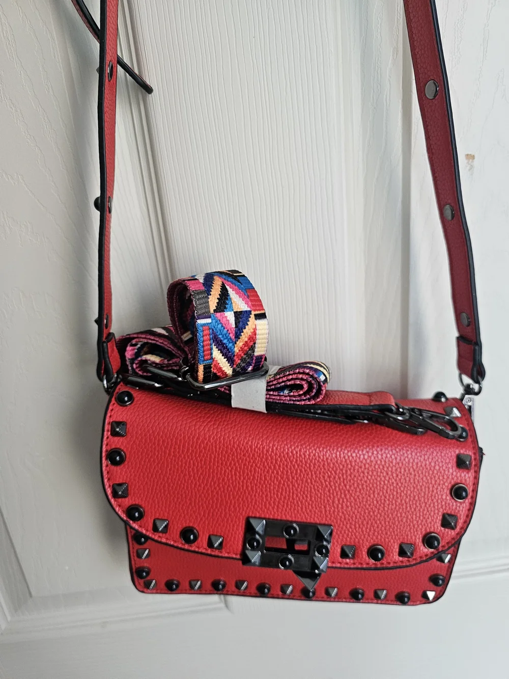 Red Vegan Leather Edgy Studded Crossbody Purse w/ Two Interchangeable Straps